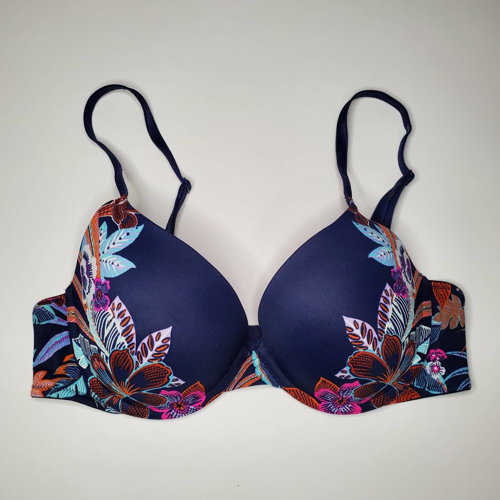 PINK BY VICTORIA'S SECRET WEAR EVERYWHERE PUSH UP BRA SIZE 34C BLUE FLORAL